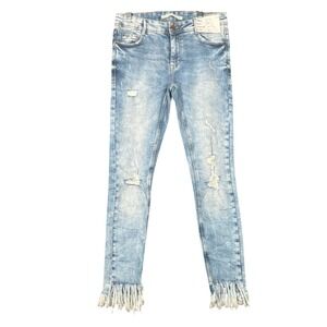 Zara Trafaluc Distressed Skinny Jeans Light Wash Fringed Hem Women Size 6 28